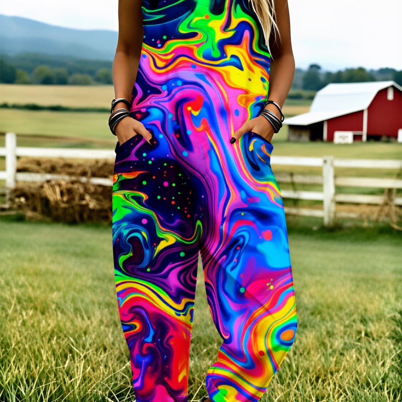 Plus Size, Plus Size Women's Overalls 0xl-5xl Psychedelic Swirl Rainbow Pattern Print Comfortable And Breathable Machine Washable Casual Wear Loose-fitting Overalls Print