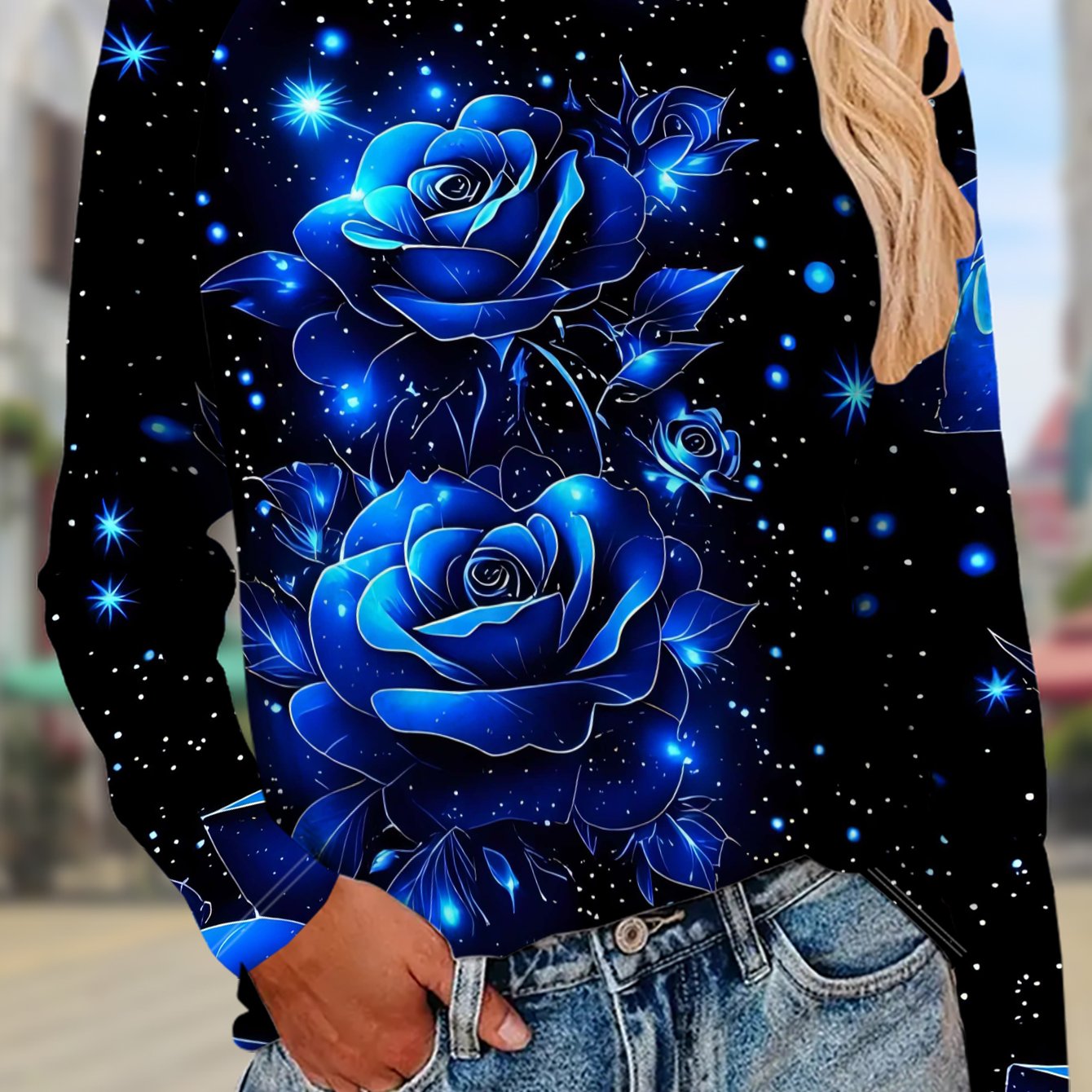 TEMU Women's Full- Rose & Starry Night Print Long Sleeve T-shirt - Casual Blouse, Machine Washable Spring/fall Layering Piece, Elegant For -day Wear