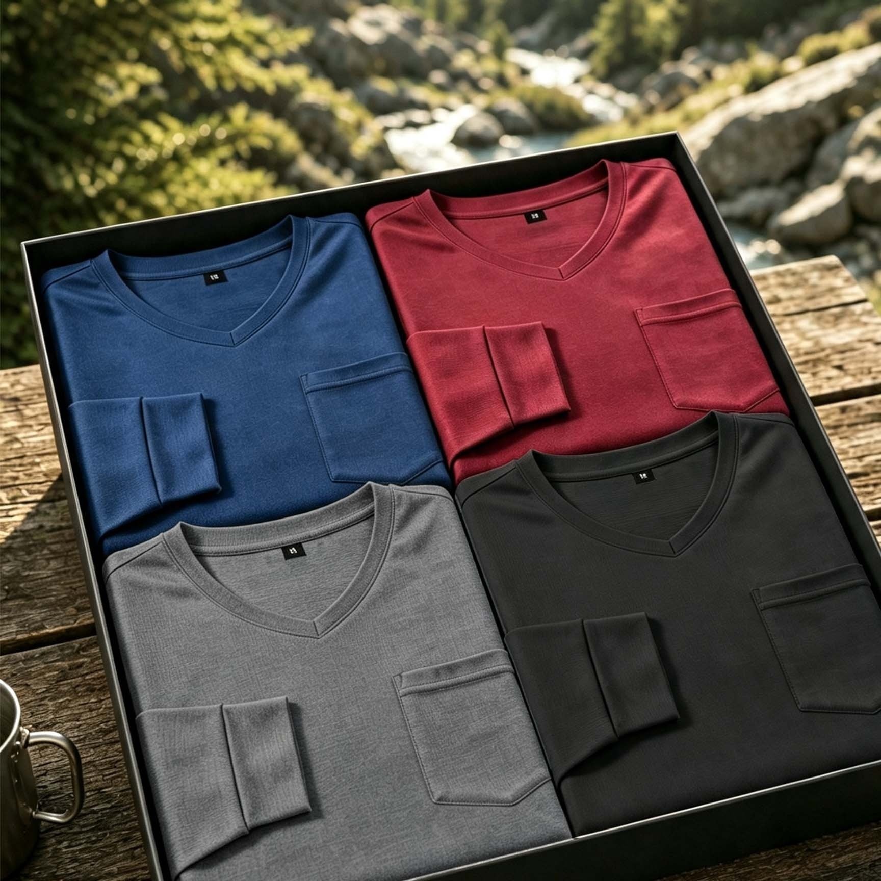 TEMU 4pcs Men's V-neck Long Sleeve Pocket Tees, Windproof Outdoor Camping Hiking Trekking Travel Shirts, Quick-dry Breathable Lightweight Pullover,