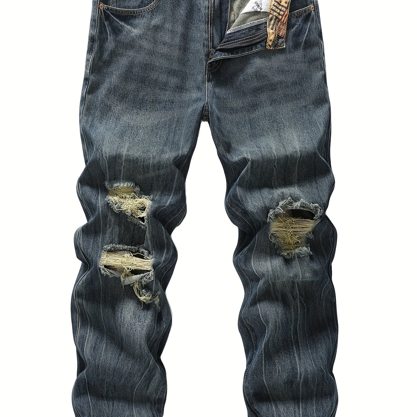 Men&#39;s Non-Stretch Ripped Straight-Leg Denim Jeans - Regular Fit Distressed Streetwear Style with Flag Pattern, Machine Washable All-Season Casual Pants