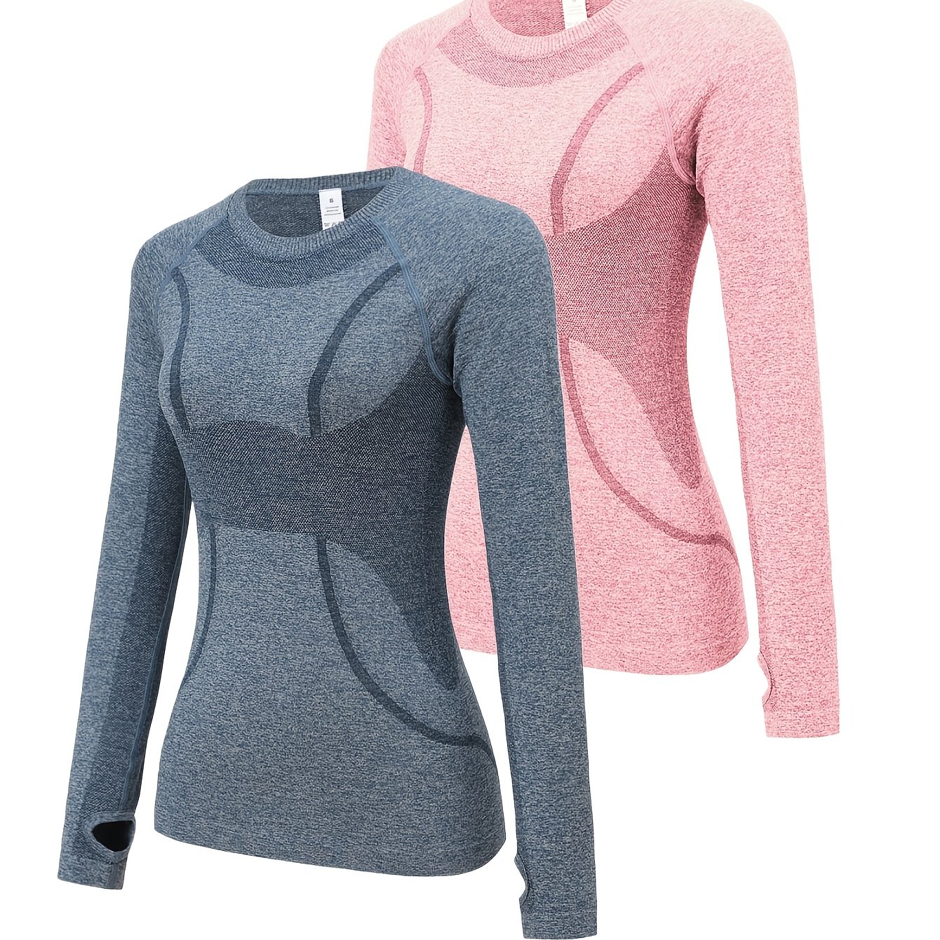 Image of 2pcs Women's Long Sleeve T-shirts | Moisture-wicking Quick-dry Athletic Tops, Stretchy Slim-fit Yoga Running Shirts For Gym Training & Casual Wear
