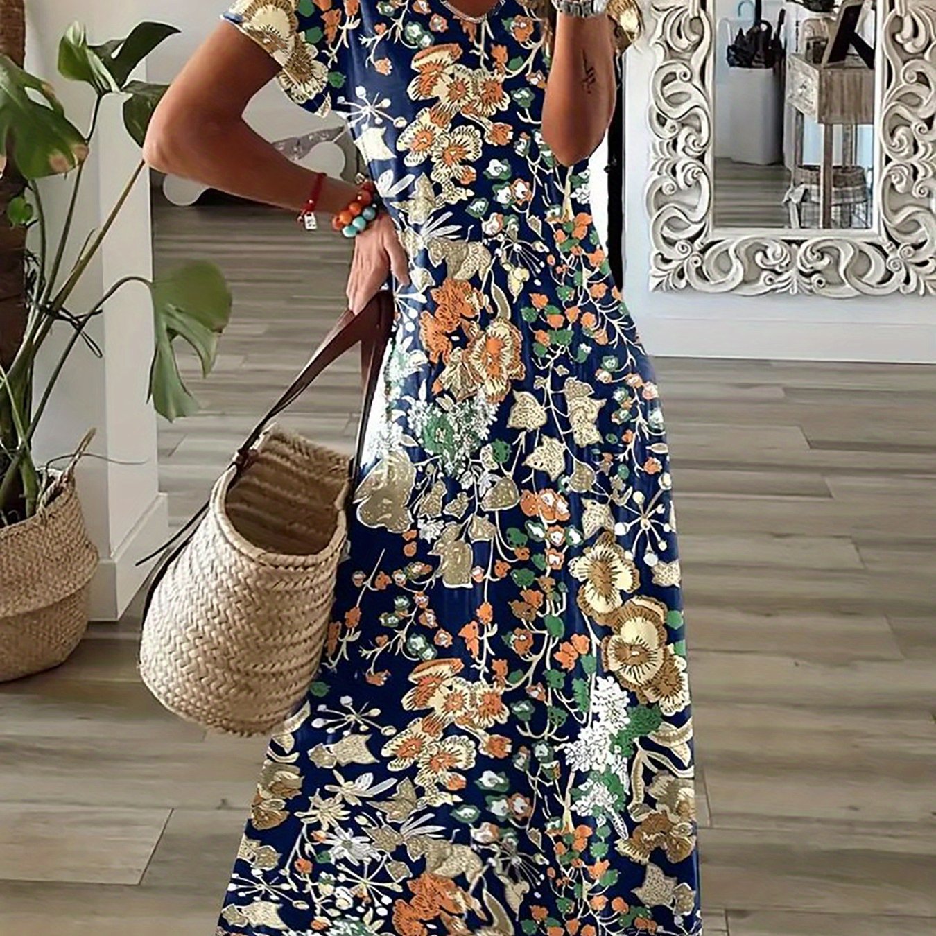 Image of Women's Floral Allover Print V-neck Maxi Dress - Soft Breathable Stretchy Fabric, Casual Elegant Short Sleeve Dress For Summer, Casual & Parties - Machine Washable, Ideal Gift For Women