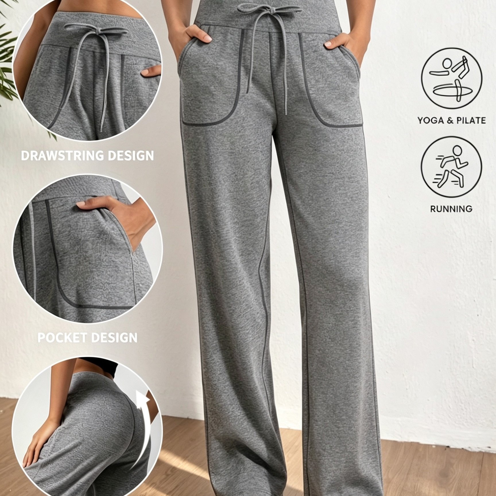 TEMU Women' Gray Solid Color Wide-leg Sweatpants With Drawstring Elastic Waistband, Pockets, And Out-seam . Casual Loose-fit Wide-leg Trousers