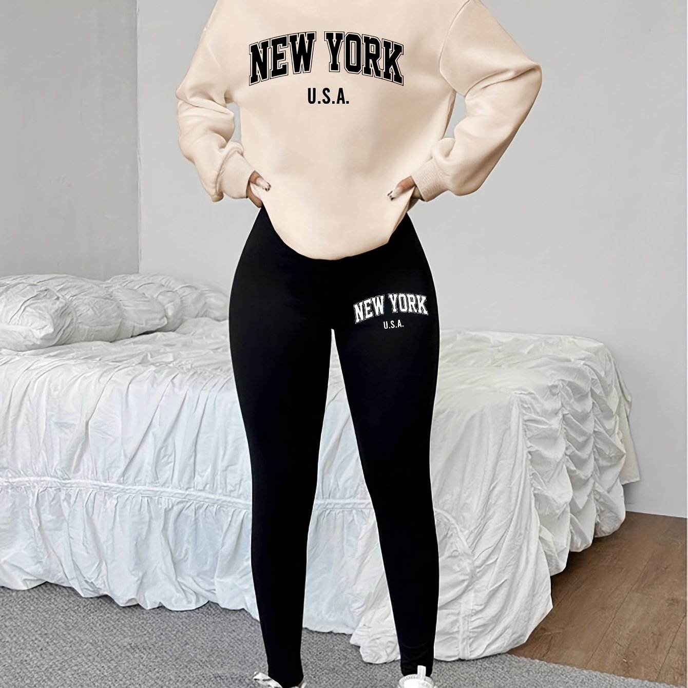 TEMU 1014Gwen, 1 Ensemble Décontracté pour Femme 2 pièces, Imprimé de Lettres, Sweat à Manches Longues Col Rond, Leggings , Port Simple ou , Convient