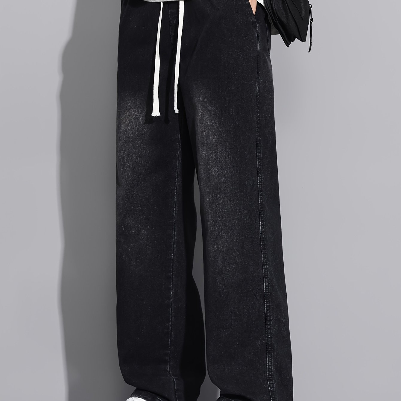 Image of Men's 2025 New Washed Black-gray Jeans, Spring/autumn Casual Versatile Straight-leg Korean Style Pants With Drawstring, Geng Yuanshi
