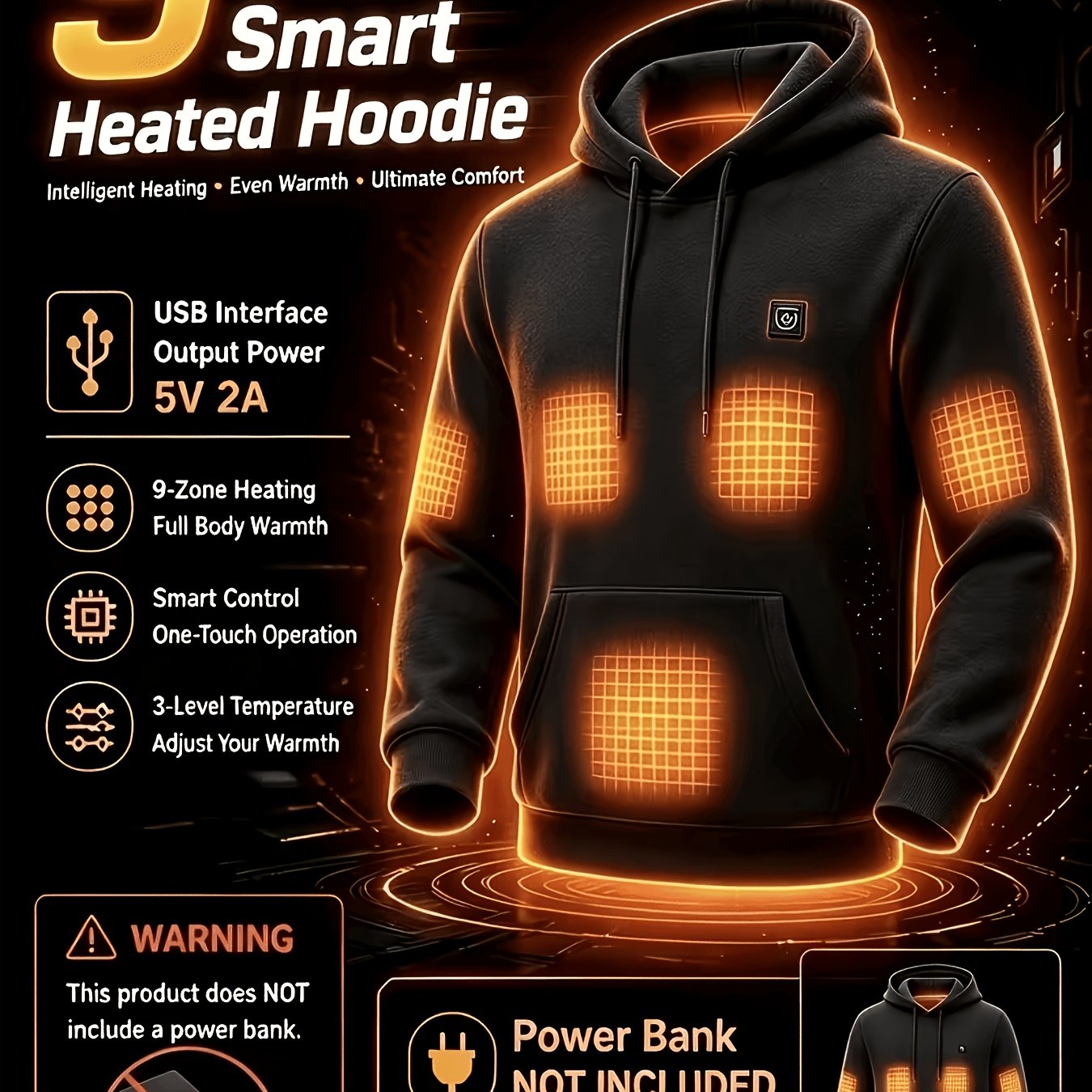Image of Heating Hooded Sweatshirt With 9 Heating Zones, Usb Quick Heating, Adjustable Temperature, Casual Outdoor Sports. [power Supply Required