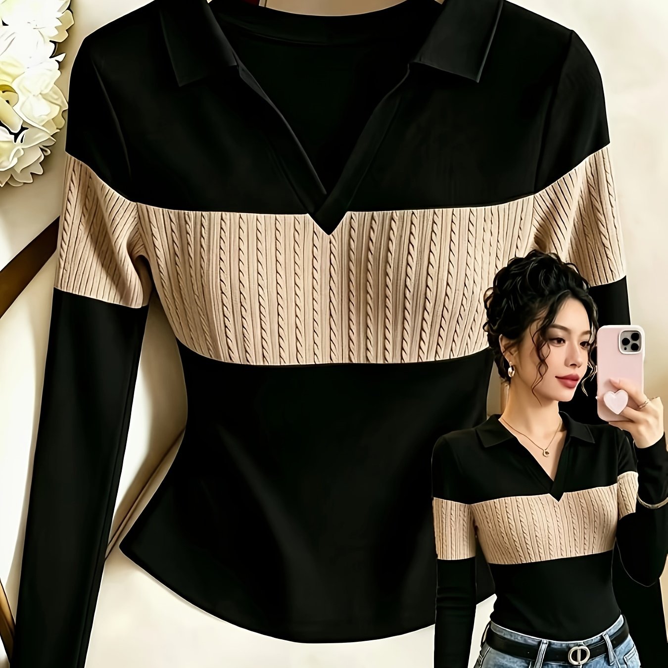 TEMU Casual Lapel Textured Women's Elegant T-shirt, Suitable For Commuting, Office Wear, Daily , Afternoon Tea Dates, , , And Shopping