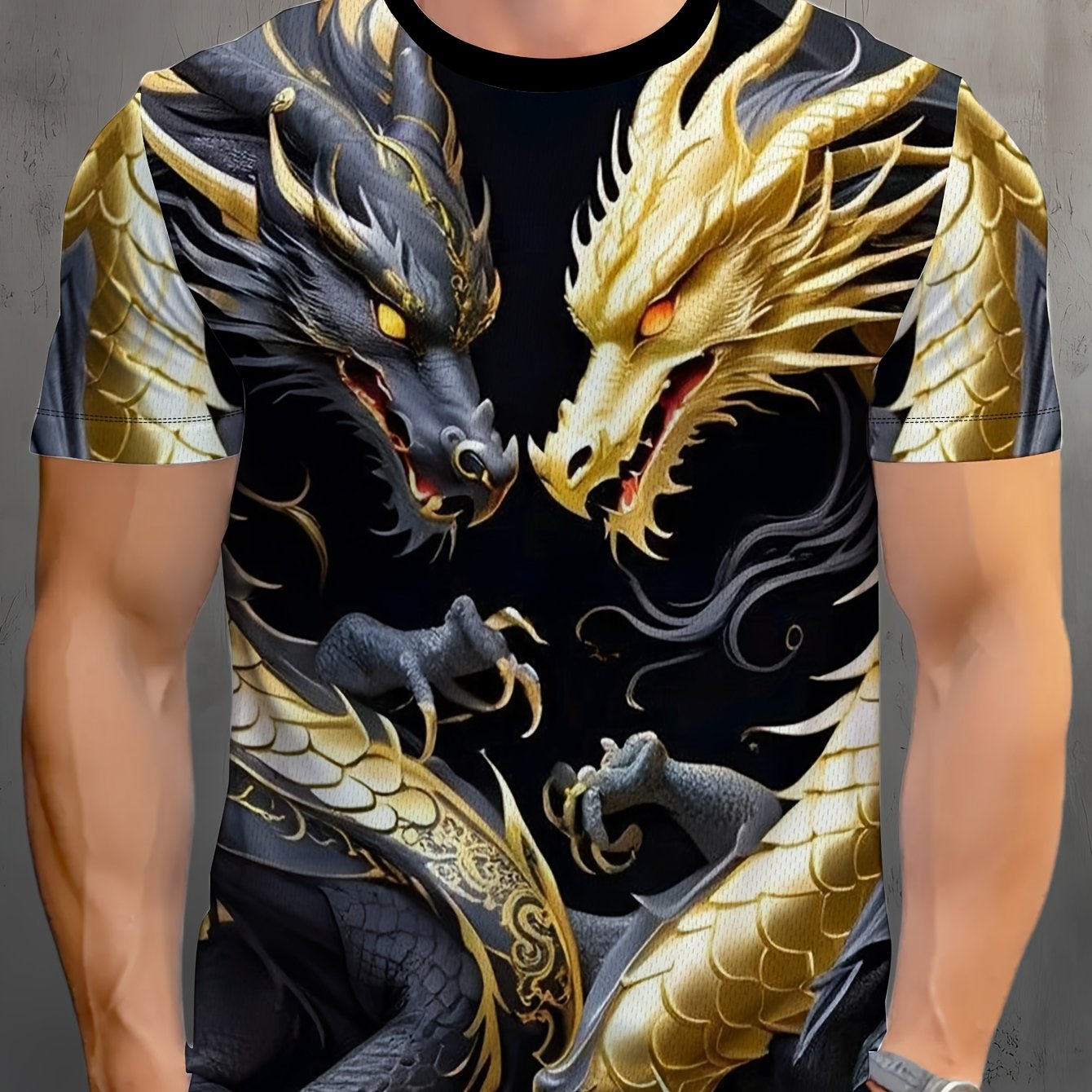 TEMU Men's Print Short Sleeve T-shirt, Street Outing And Party Wear, Overbearing Double Dragon Full Print Design, Cool Trendy Summer Casual Drop