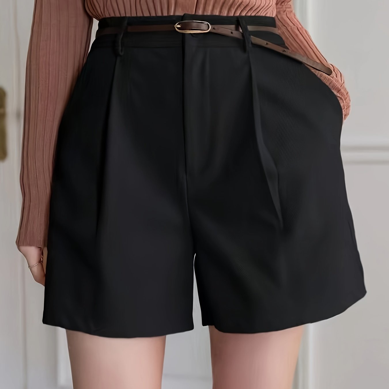 Image of Women's Elegant Straight-leg High-waisted Vintage Shorts With Pocket - Solid Color Casual & Dressy Wear Suitable For , Machine Washable Short Shorts (no Belt Included)