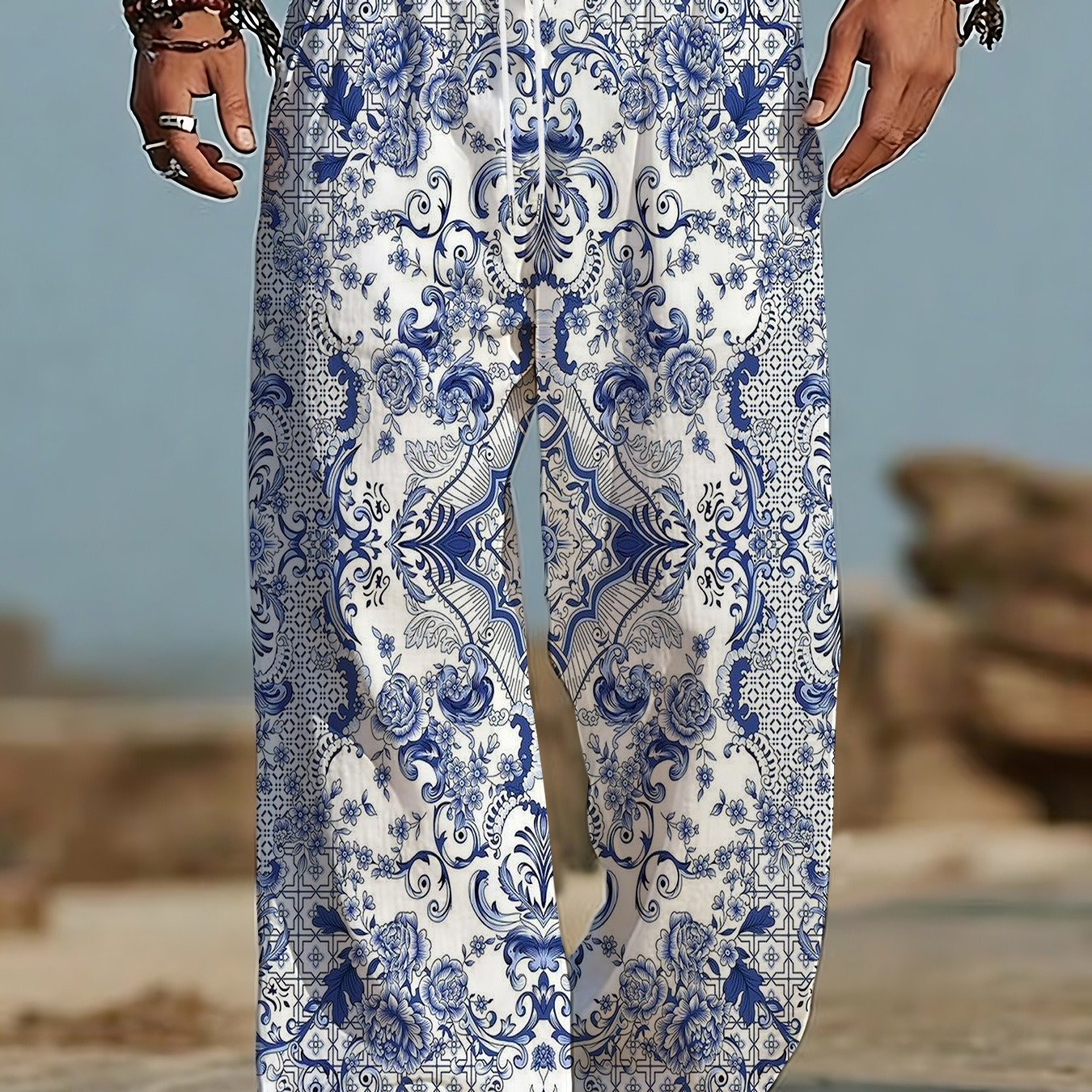TEMU Men's Wide-leg Trousers - Loose Straight-leg Full-body Print Pants Suitable For Spring/autumn/summer, Casual Outdoor & Casual Attire, Machine