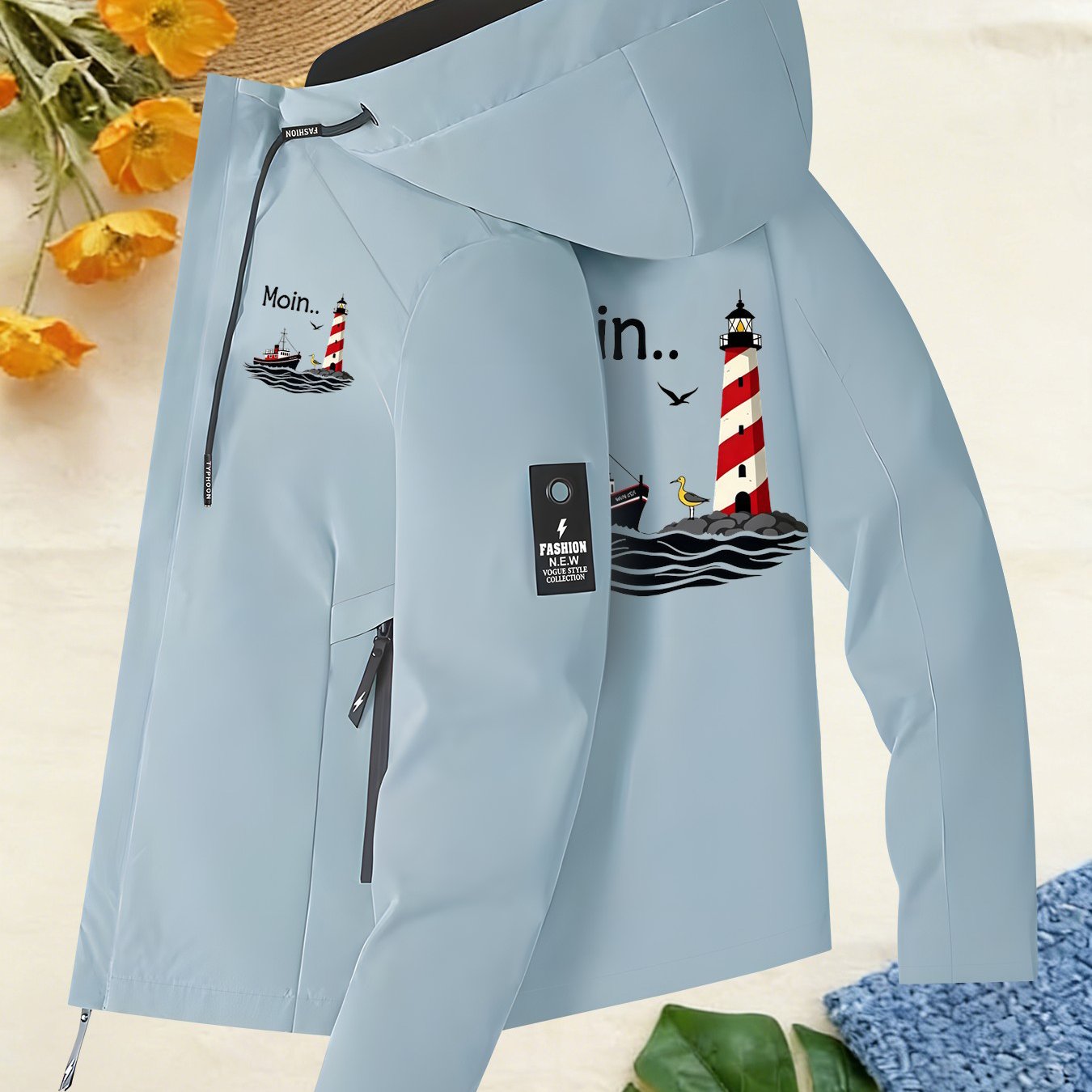 TEMU Moin Lighthouse Scenery Spring/autumn New Women's Jacket, Hooded Drawstring Lightweight Portable Outerwear, Fashionable Versatile Trendy Casual