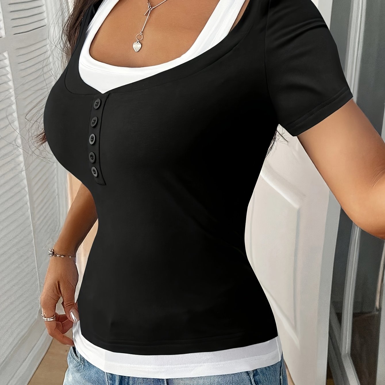 Women's Fashion Short Sleeve Color-block Short Sleeves