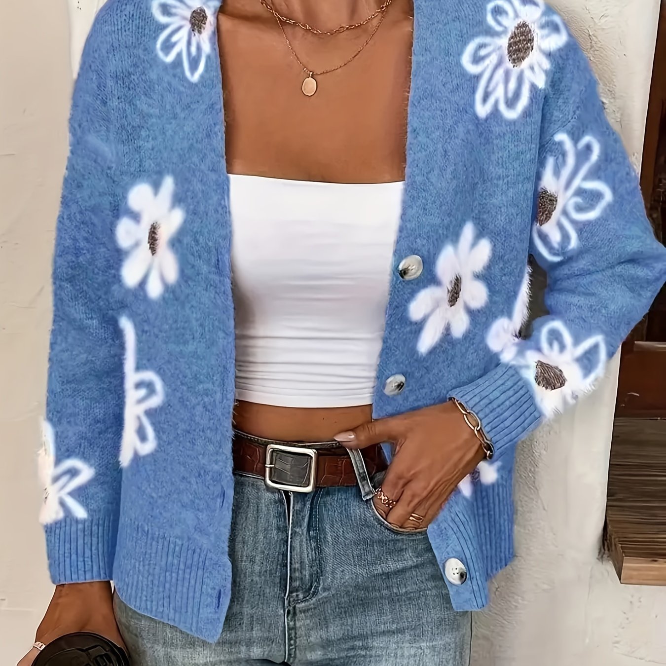 Elegant Directional Autumn And Winter Temperament Cute Floral Pattern Casual Sweater Cardigan