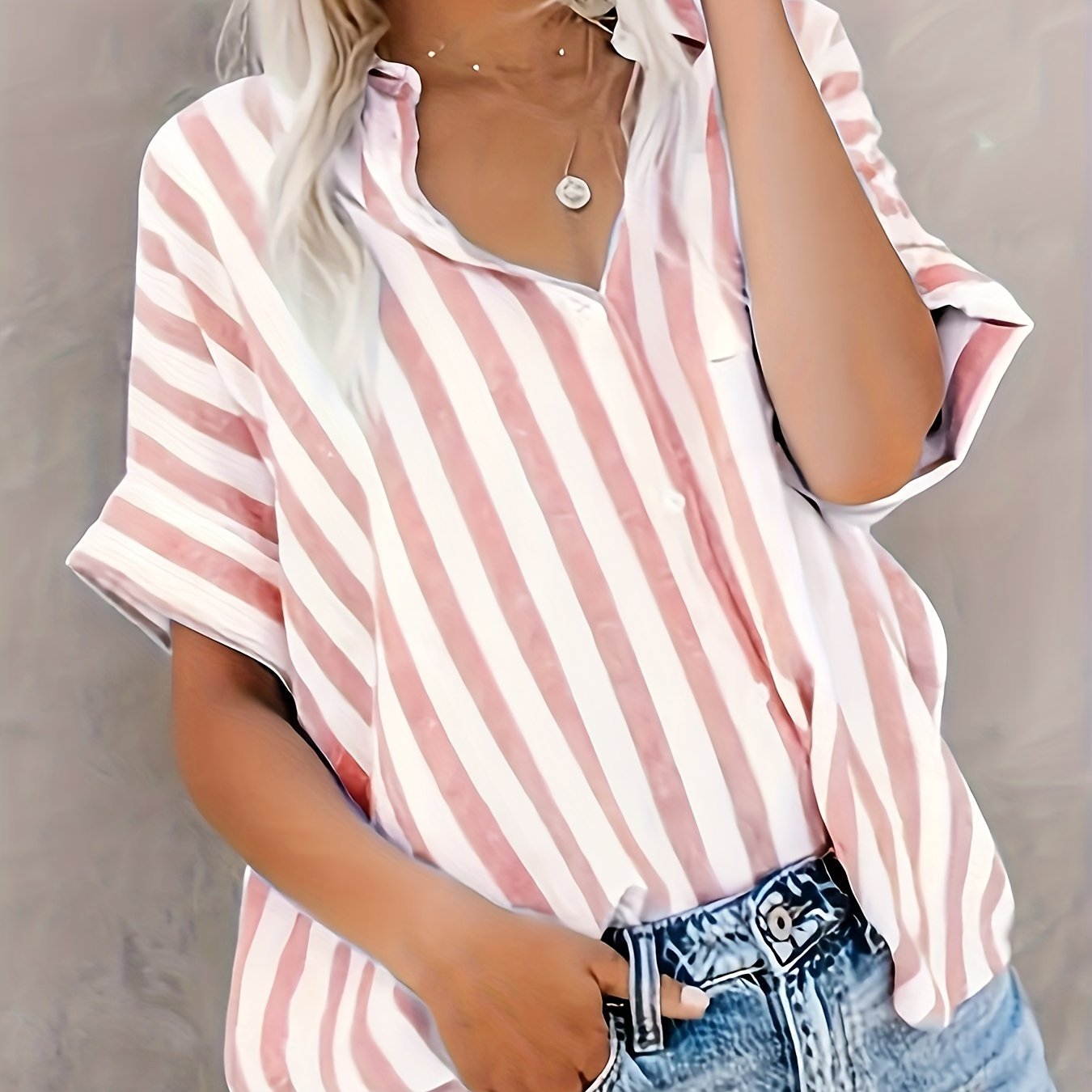 Striped Print Button Front Shirt, Casual Short Sleeve Shirt For Summer & Spring, Women's Clothing