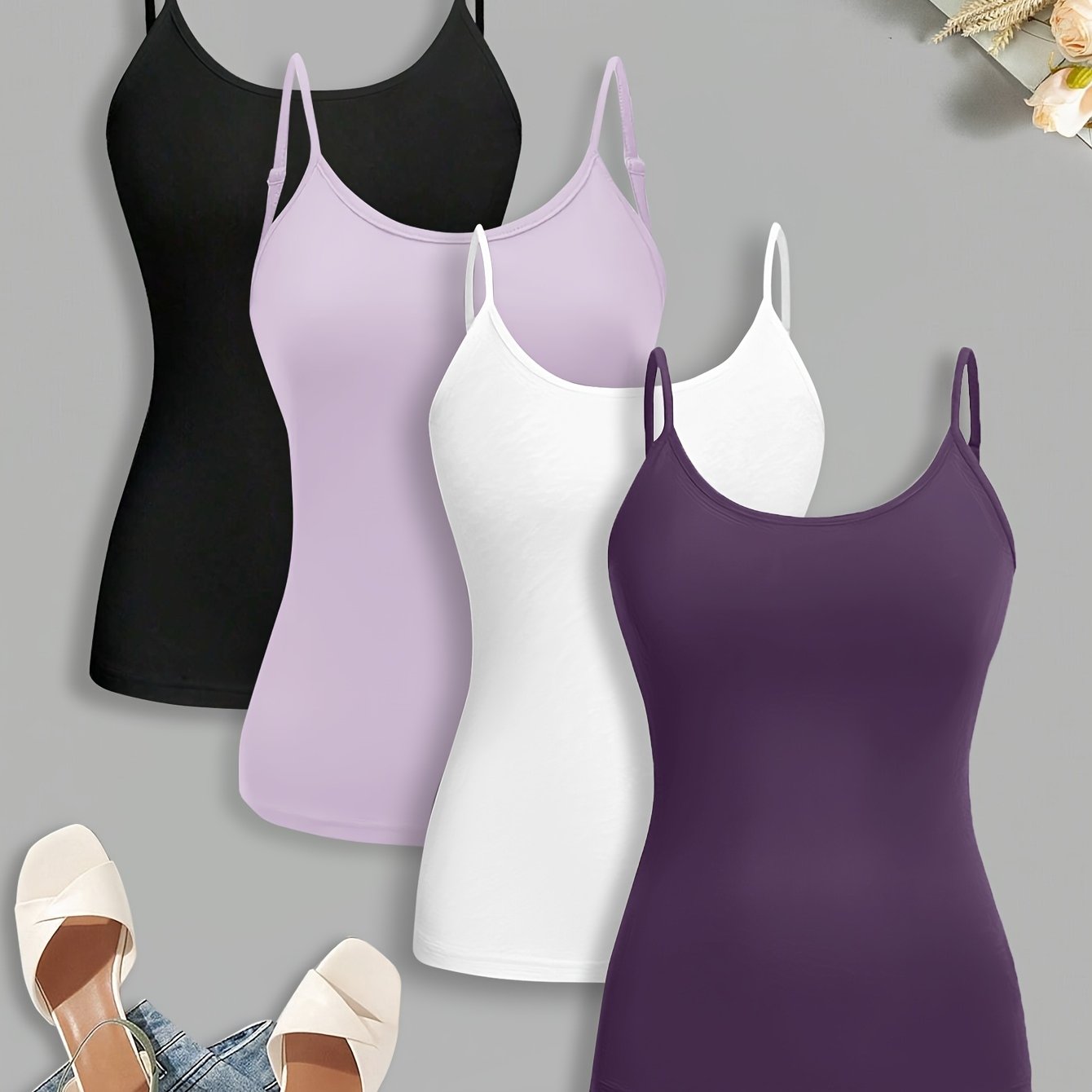 TEMU Dp111940 Four-piece Set Solid Color Adjustable Tie-back Tank Tops