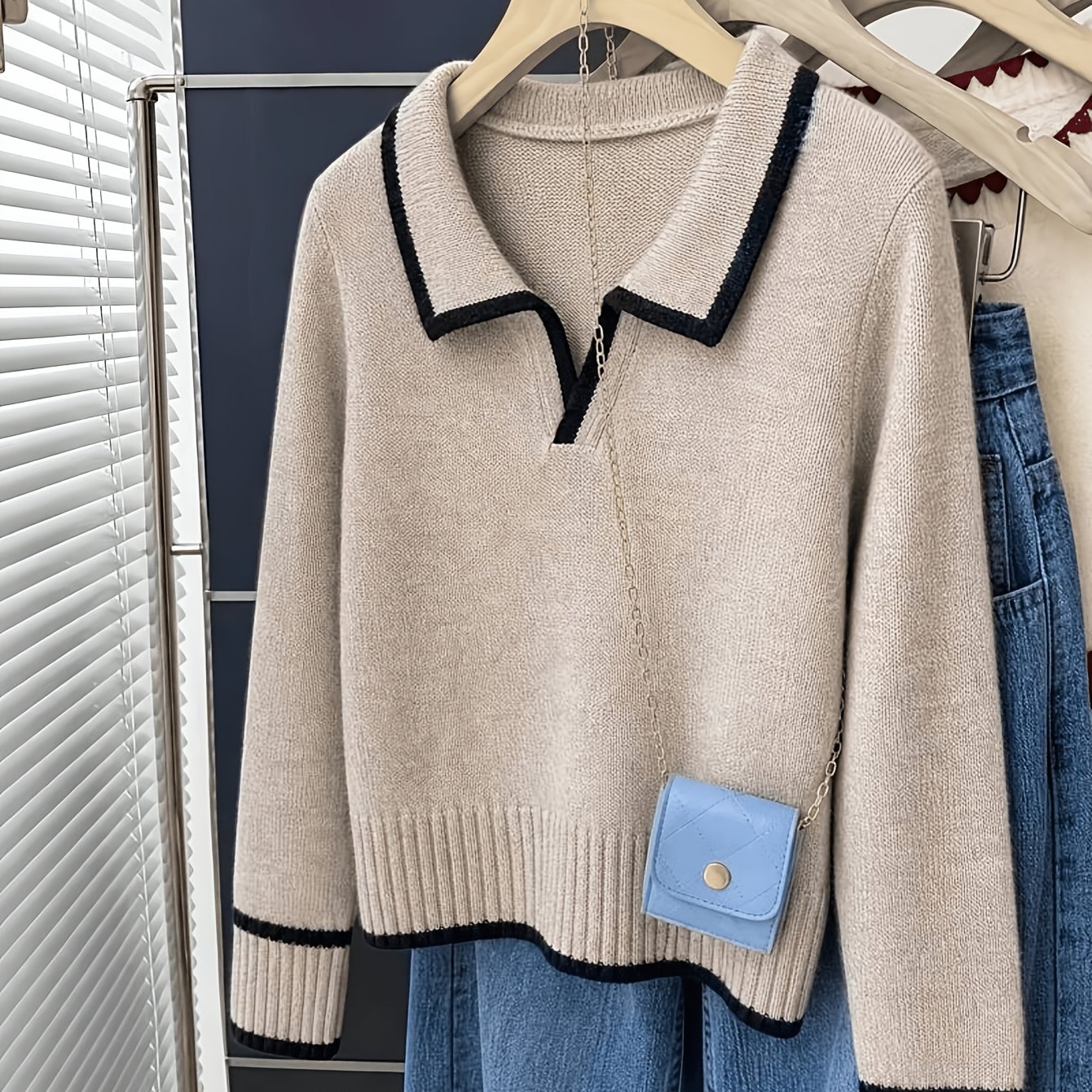 TEMU Women's Autumn-winter Versatile Color-collision Round-neck Sweater, Popular Academic -collision -neck Long-sleeve Sweater