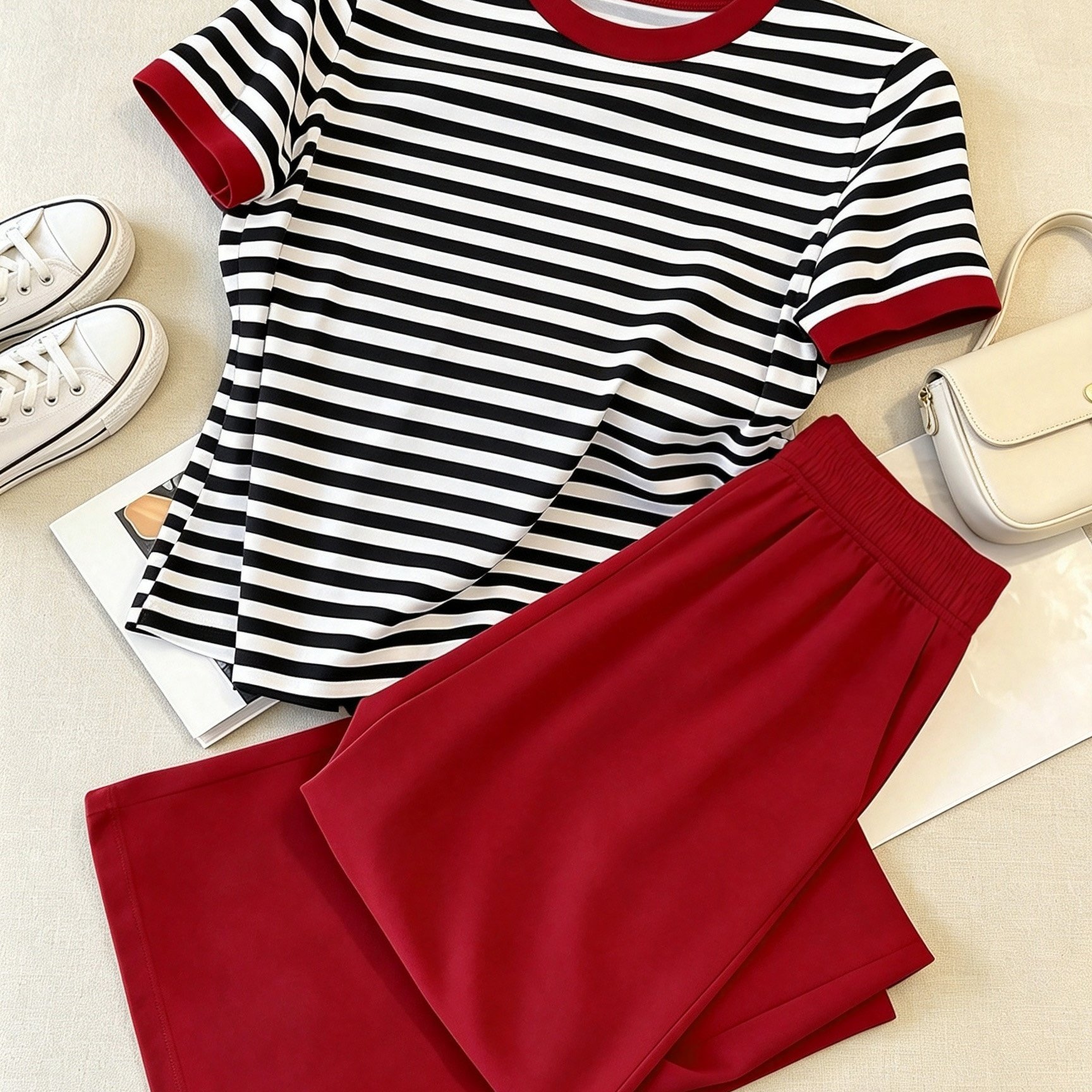 TEMU Women's Black And White Striped Casual Set, Color-block Trimmed T-shirt And Red Wide-leg Pants 2pcs Set, Spring Summer All-match Style