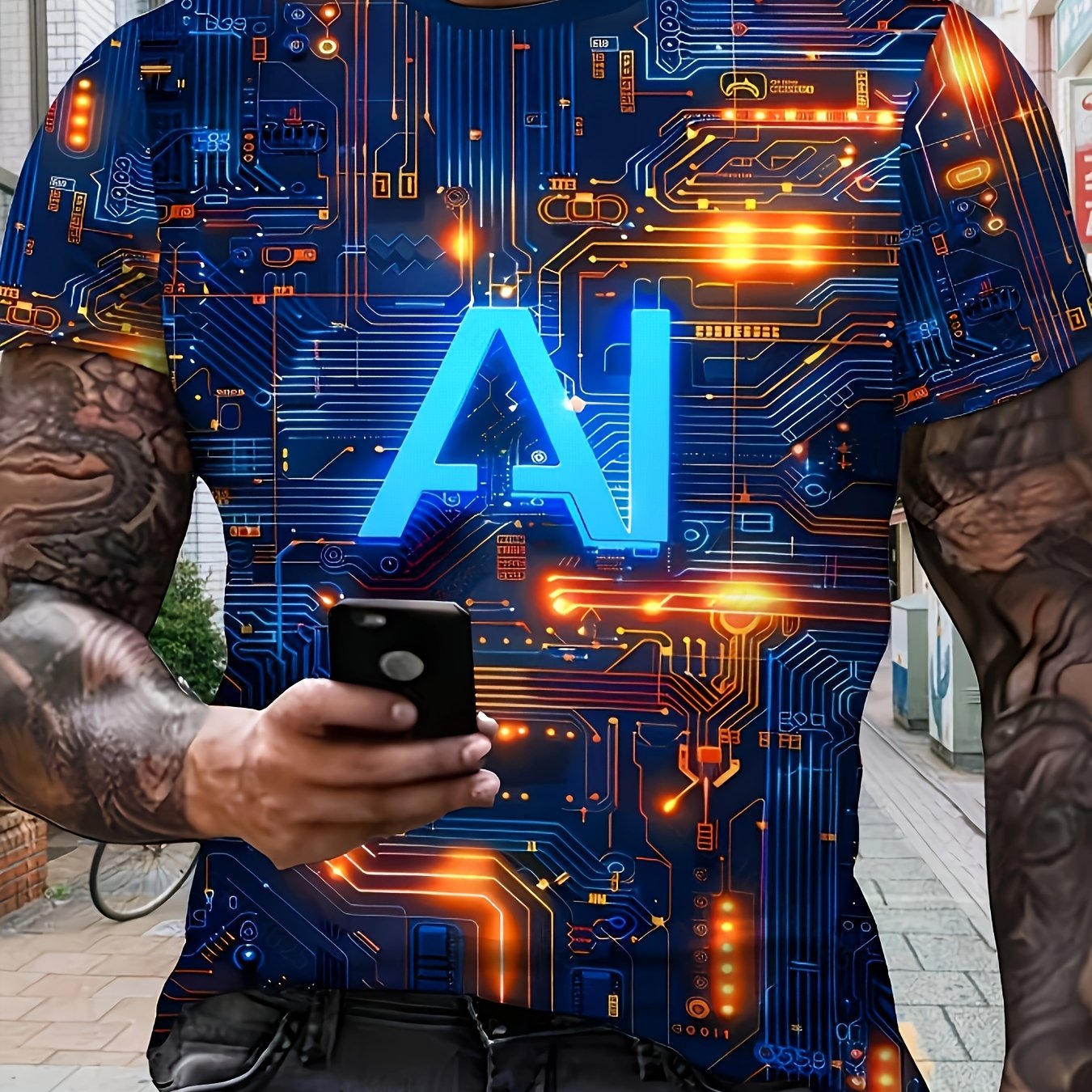 TEMU Men'-inspired Circuit Board Pattern T-shirt - Lightweight And Soft Fabric Shirt, Featuring Ai Letters With Low , Suitable For , Office, And