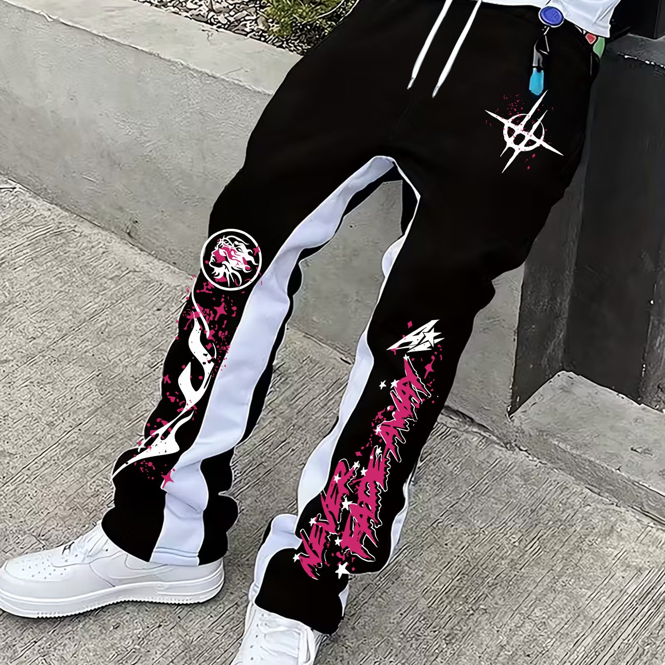 TEMU New New Men's Versatile Cool Pattern Printed Color Contrast Drawstring Loose Casual Sports Pants, Spring And Autumn Men's Outdoor Pants