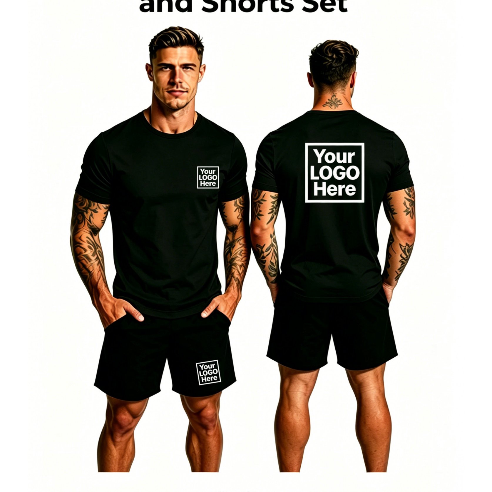 TEMU Men's Customizable Tracksuit, Short Sleeve T-shirt And Shorts 2pcs Set, Breathable Casual Outfit, Custom Text/logo Printing , 3 Logo Printing ,