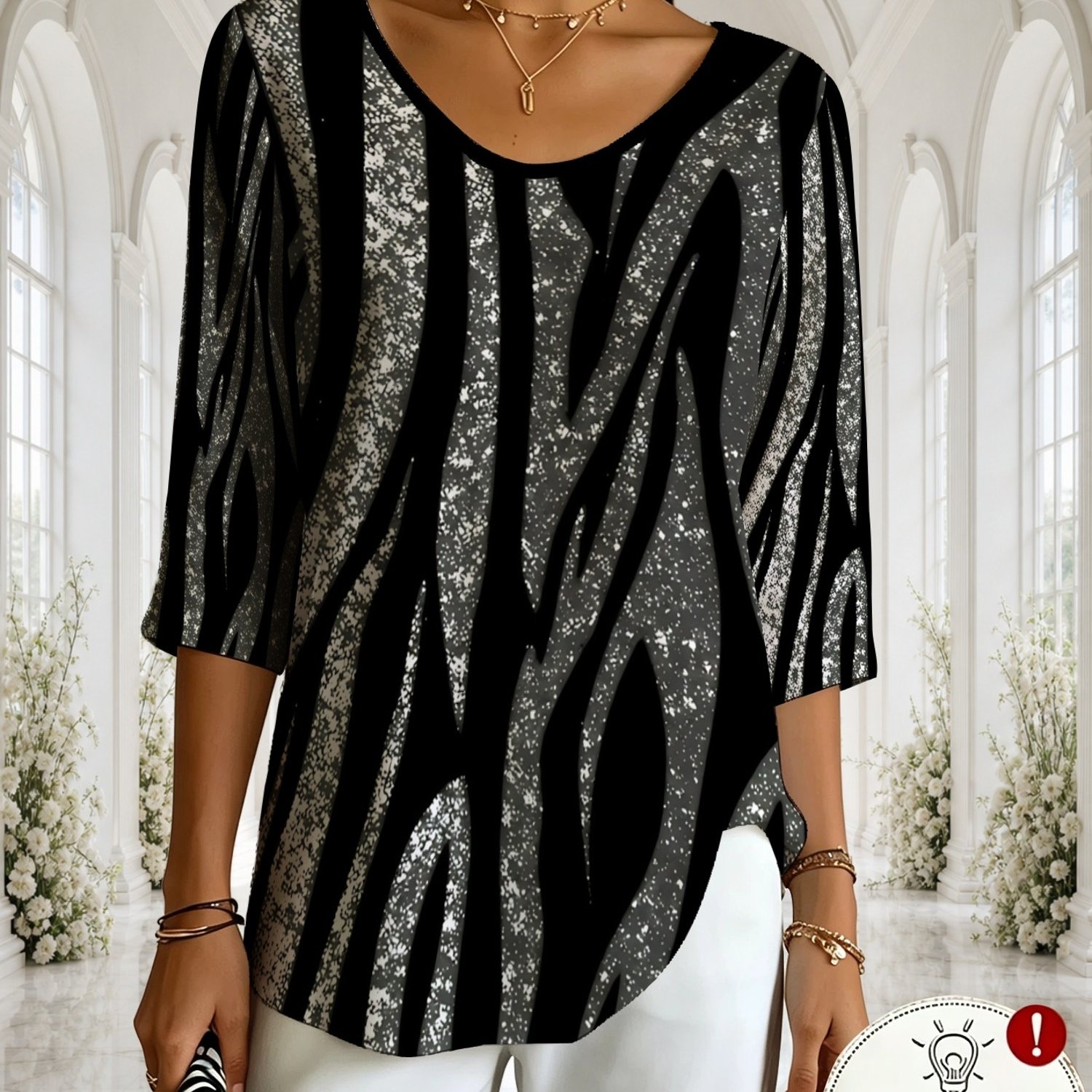 TEMU Printed Design - Not Textured New Women's V-neck 3/4 Sleeve T-shirt Pinstripe Shimmer Print Trendy Individual Striped Pattern Casual Party