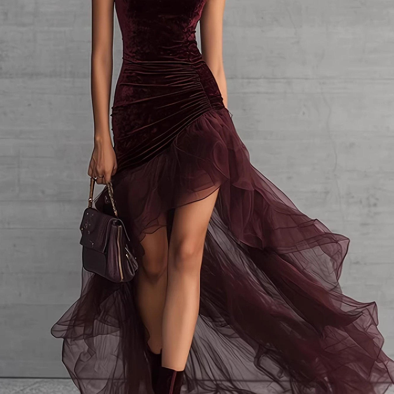 A Pleated, Figure-hugging, Irregularly-shaped, Chiffon Dress With A Trailing Hem.