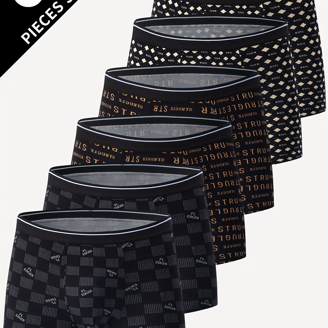 E-shop 6er-Pack Herren-Boxershorts mit Buchstaben-Grafikdruck, sportliche modische atmungsaktive Boxershorts für Herren, Vier-Wege-Stretch-Boxershorts