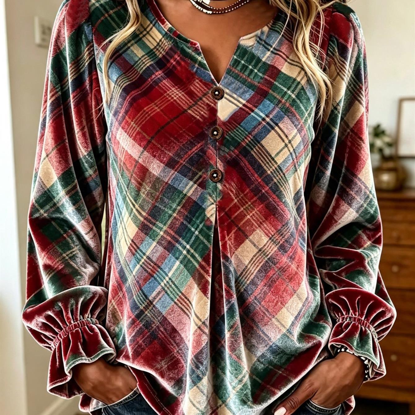 Image of Plus Size Velvet Blouse Plus Size Women's Velvet Print V Neck Blouse-long Ruffle Sleeve Button Front Loose Fall Casual Tops