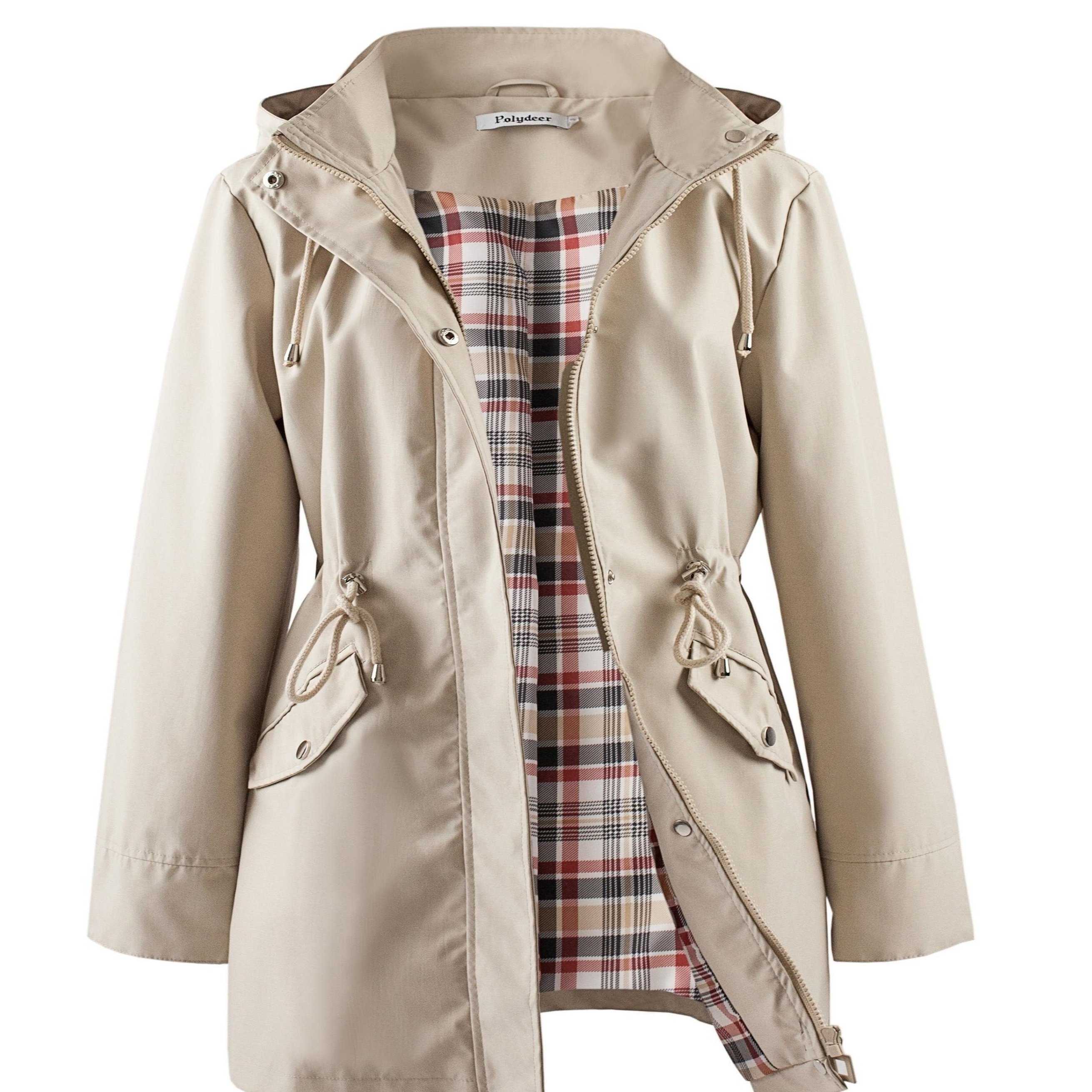 Plus Size Drawstring Waist Hooded Zip-up Coat, Casual Long Sleeve Coat For Spring And Fall, Women's Clothing