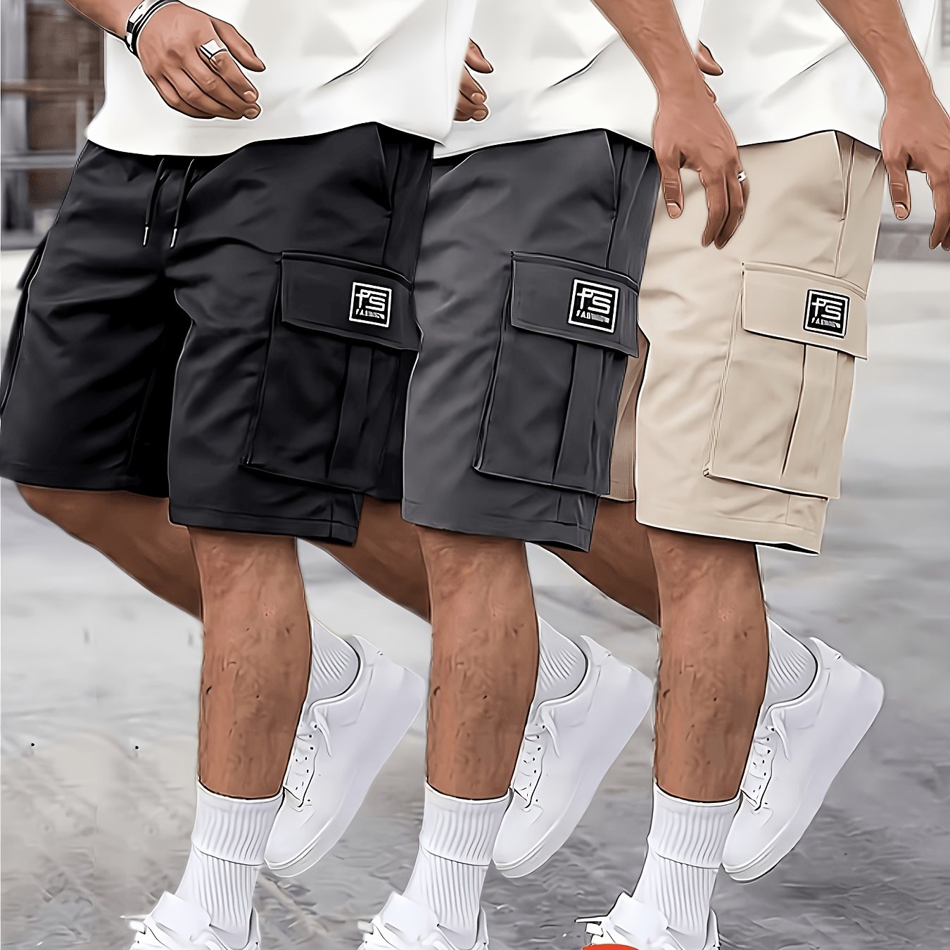 TEMU 3pcs Summer Men's Workwear Shorts, Elastic Waist Drawstring, Multi-pocket Loose Fit, Summer Casual Outdoor Mid-length Shorts, Multi-pocket