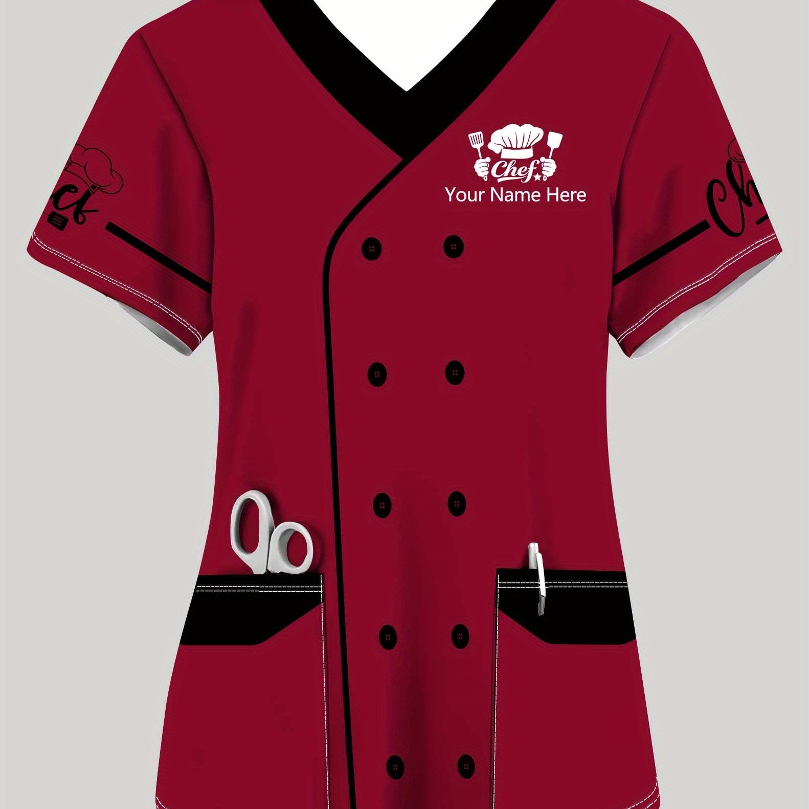 TEMU [customization] Custom Name Printed T-shirt, Fake Button Printed Pocket Personalized T-shirt, Chef Uniform V-neck Short Sleeve T-shirt, , Baker