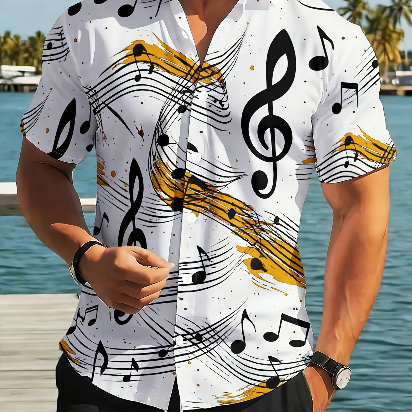 TEMU [printed Design - Not Textured] Men's Casual Short Sleeve Shirt, Dynamic Notes And Colorful Music Pattern, Fashionable All-match Beach Vacation