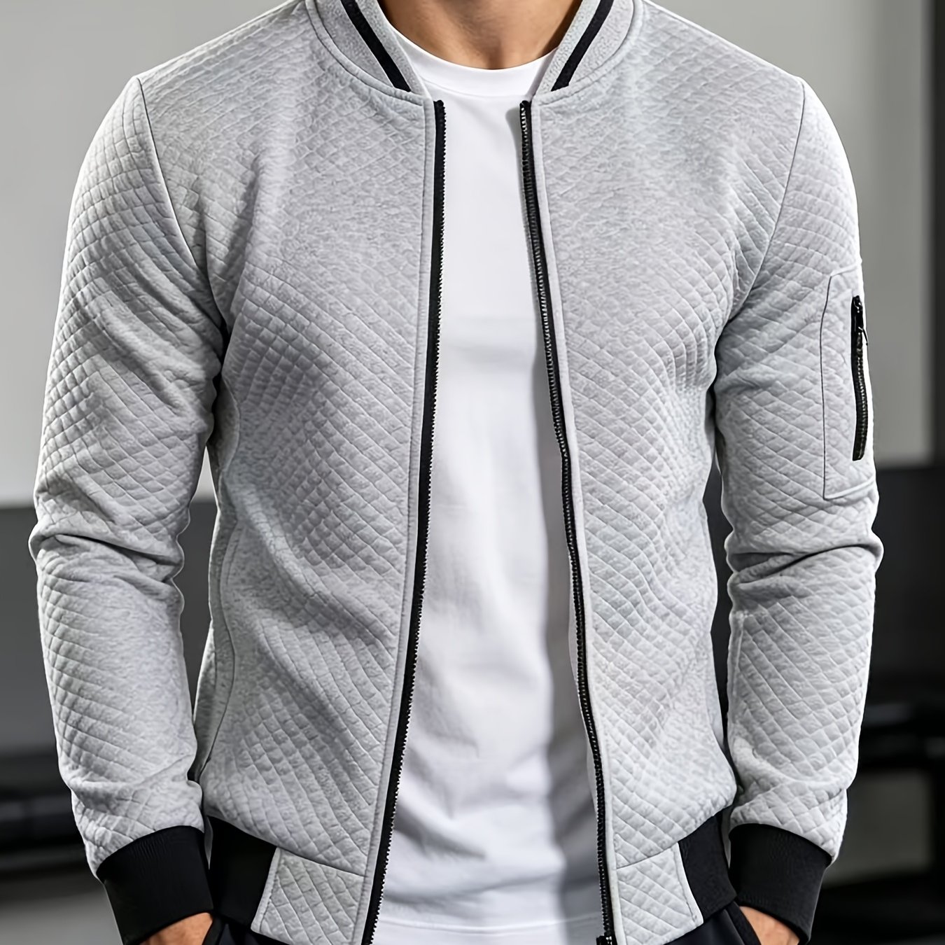 Image of 2026 Rhombus Quilted Baseball Collar Jacket Solid Color Long Sleeve Pilot Spring Autumn Casual Zip Up Outerwear Daily Wear (please Refer To Size Chart)