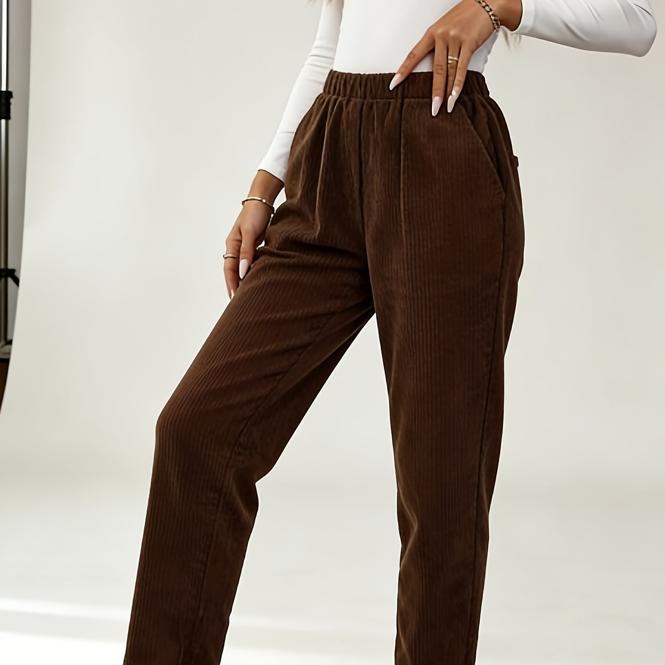 TEMU Pantalon Harem Femme Vintage en Velours Côtelé Marron, Pantalon Décontracté Ample à Cheville , Marron, Café, Marron Foncé, Velours Côtelé,