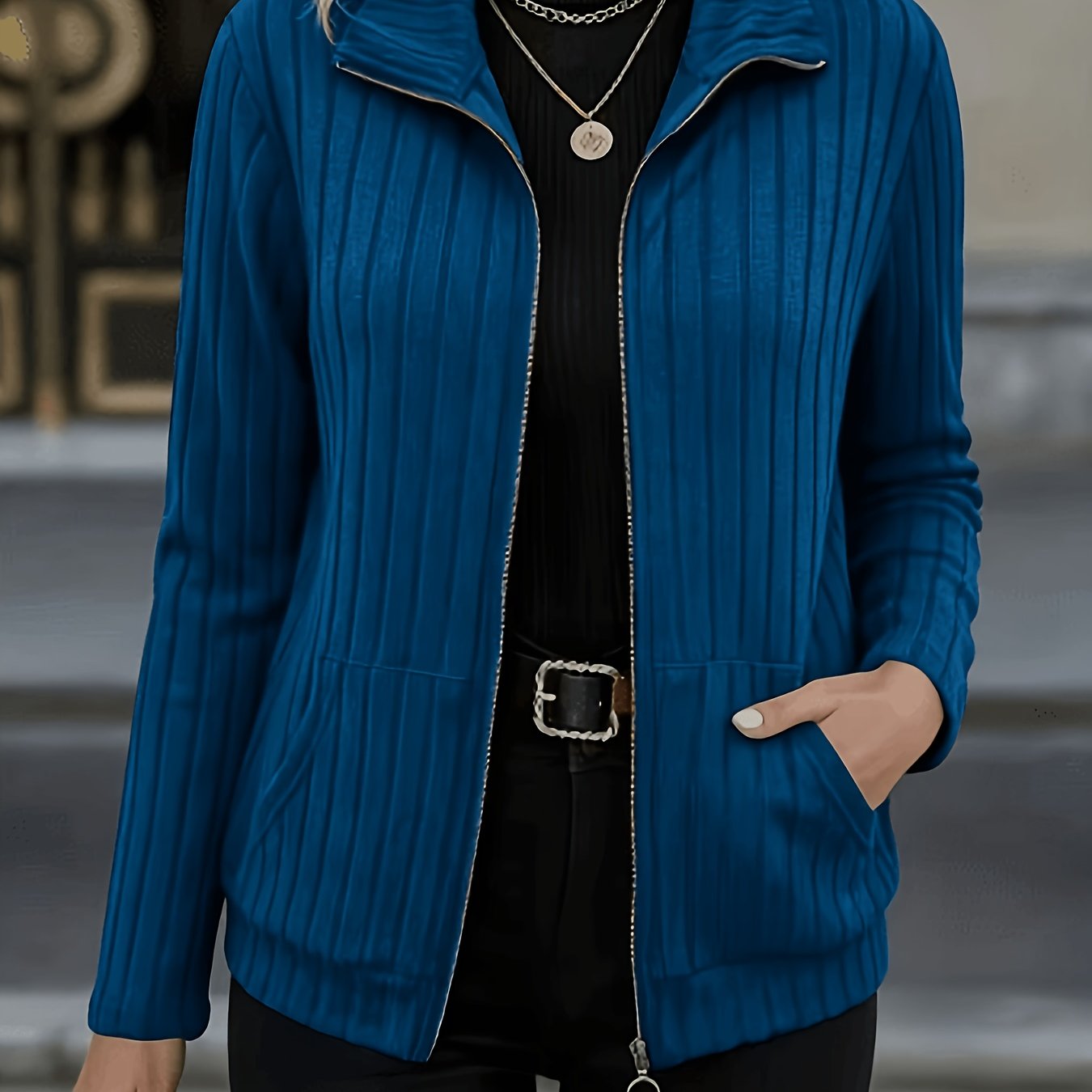 TEMU Plus Size, Plus Size Fashionable And Elegant New Autumn/winter : Beautiful Solid Ribbed Lightweight Jacket