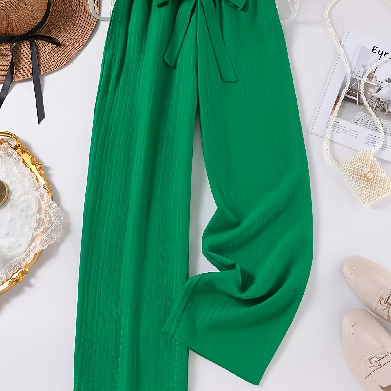 TEMU Women's Wide-leg Pants - Elastic Waistband With Bow Detail, Machine-washable Casual Trousers For Spring/autumn, Solid Color For And Daily Wear,