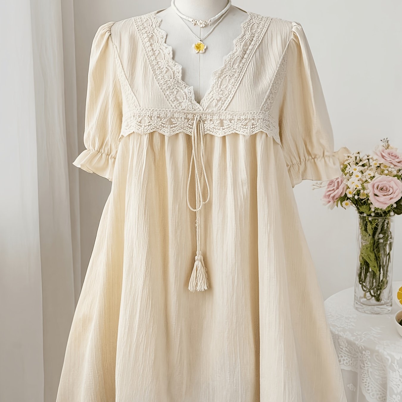 TEMU Plus Size, Plus-size V-neck Lace-trimmed Short-sleeve Ruffle-hem Tie-waist Top, Casual And Cute Vintage Style