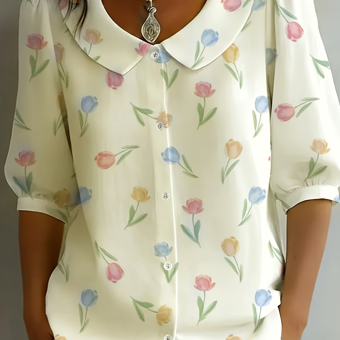 TEMU Plus Size - French Retro Multicolor Tulip Peter Pan Collar Puff Mid-sleeve Shirt, Women's Breathable, Lightweight, Casual Loose Shirt,
