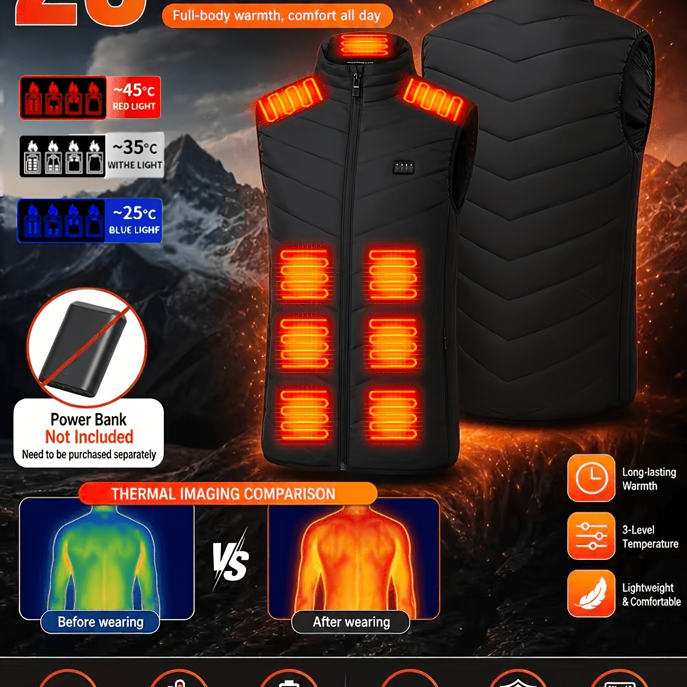 Image of Unisex Smart Heated Vest, 26 Heating Zones, Usb-powered, 4 Switches & 3 Heat Levels, Perfect For Skiing, Fishing, Hiking, Trekking & Outdoor Leisure (power Bank Not Included).