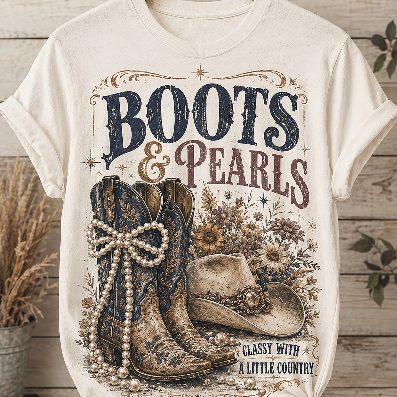 TEMU Boots And Pearls Western Graphic Unisex T Shirt Pure Short Sleeve Vintage Cowgirl Style Floral Streetwear Everyday Top