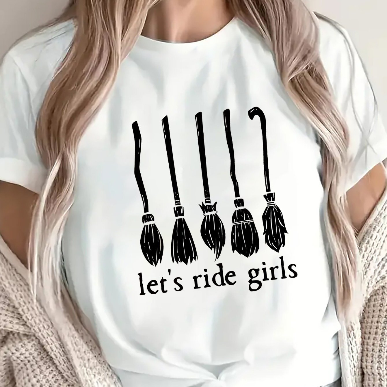 TEMU Short Sleeve T-shirt With Broom Design, Ride Print, Lightweight And Durable For Casual Wear, Perfect For Halloween Parties Or Everyday Outfits,