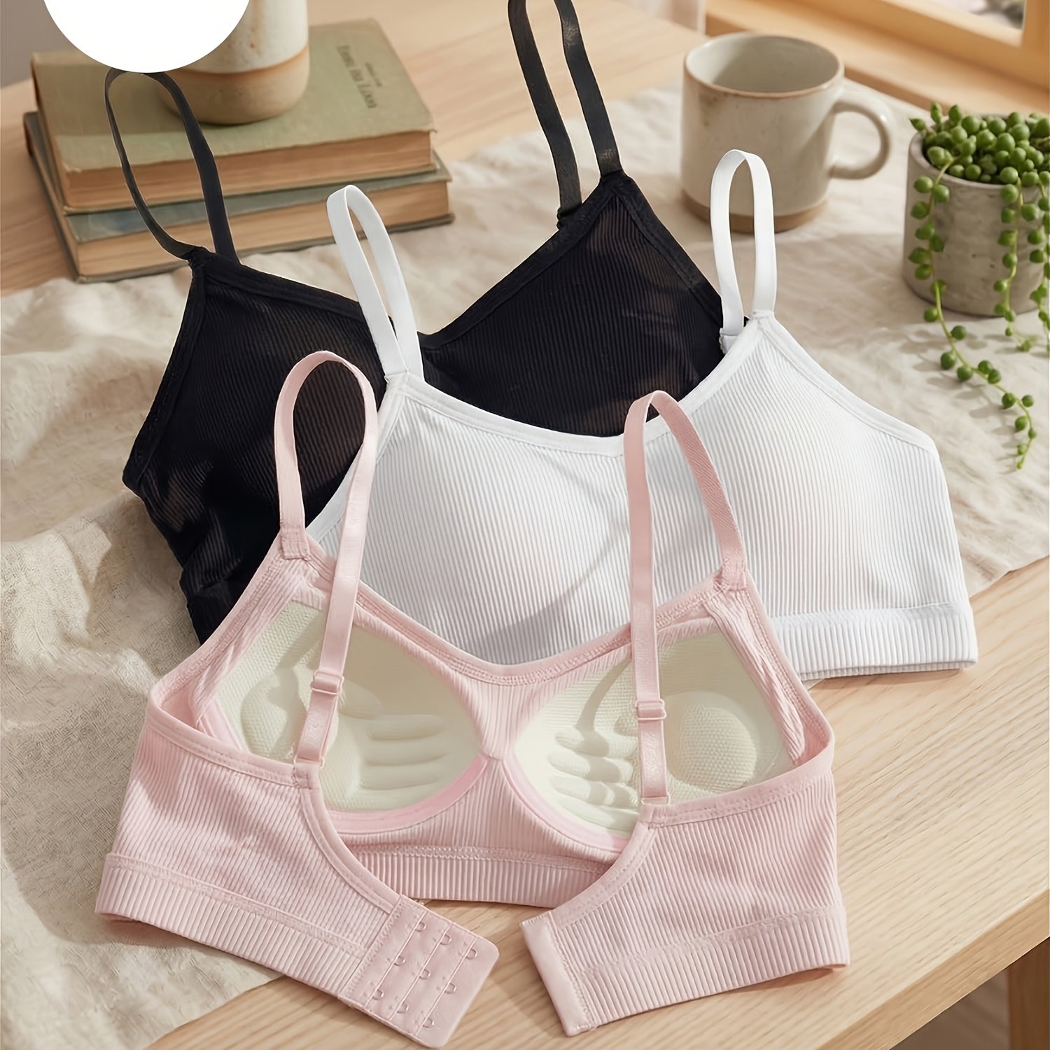 TEMU 3pcs Set Women's Underwear Fixed Cup Thread Solid Striped Bra Seamless High-elastic Adjustable Shoulder Straps Breathable -one Chest Pad Sports