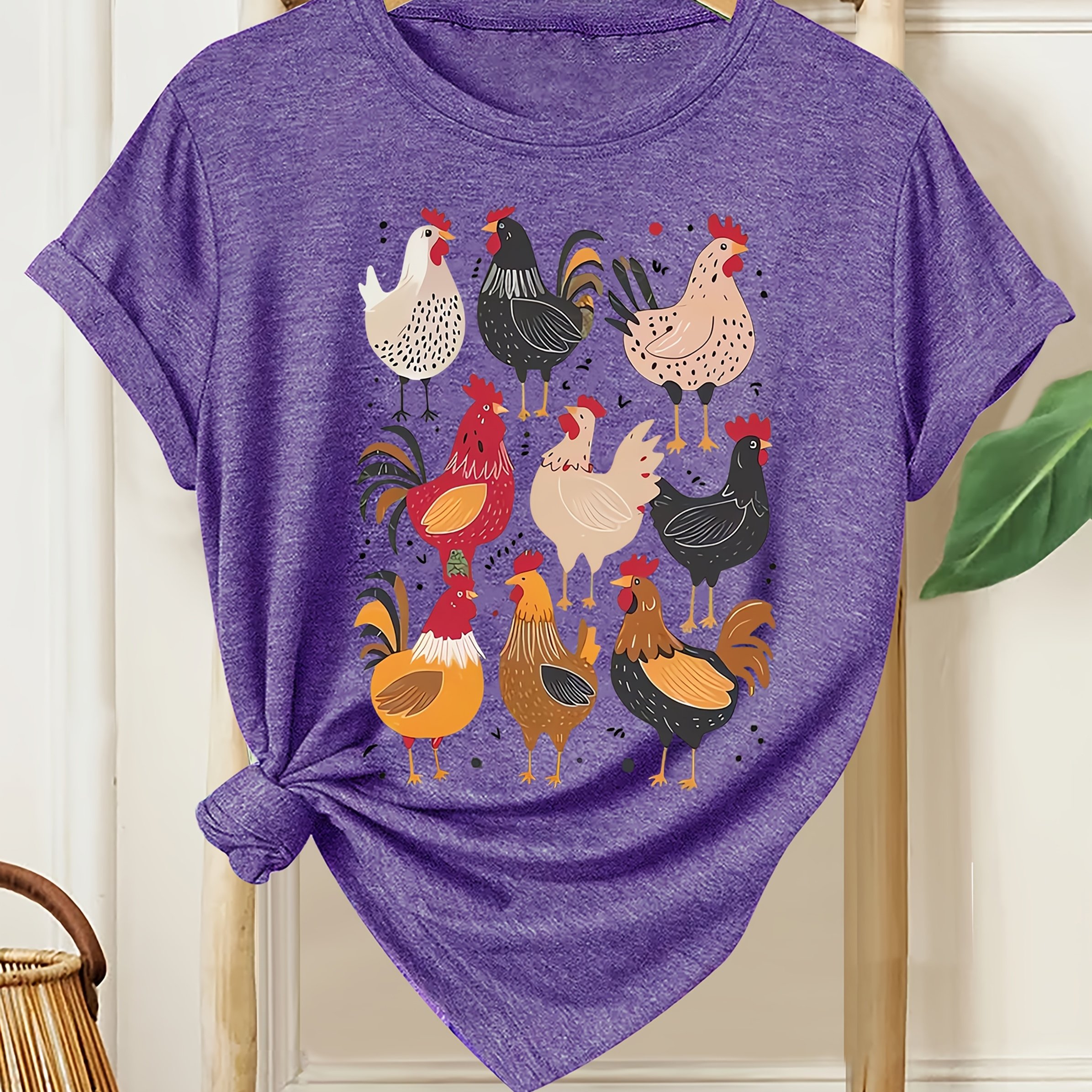 TEMU Vintage Loose- Neck Short Sleeve T-shirt With "flock Of Chickens Singing" Print Pattern For Casual Sportswear