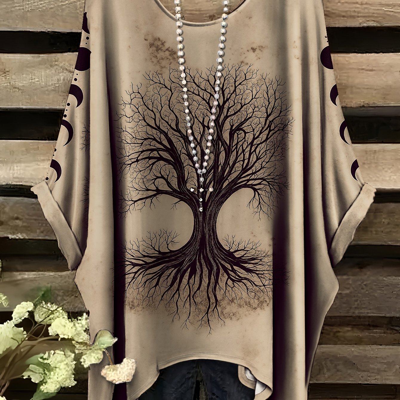 TEMU Plus Size, [printed Design - Not Textured]printed Design-nottextured, Women's Plus-size T-shirt, Full-body Print With Tree And Moon ,