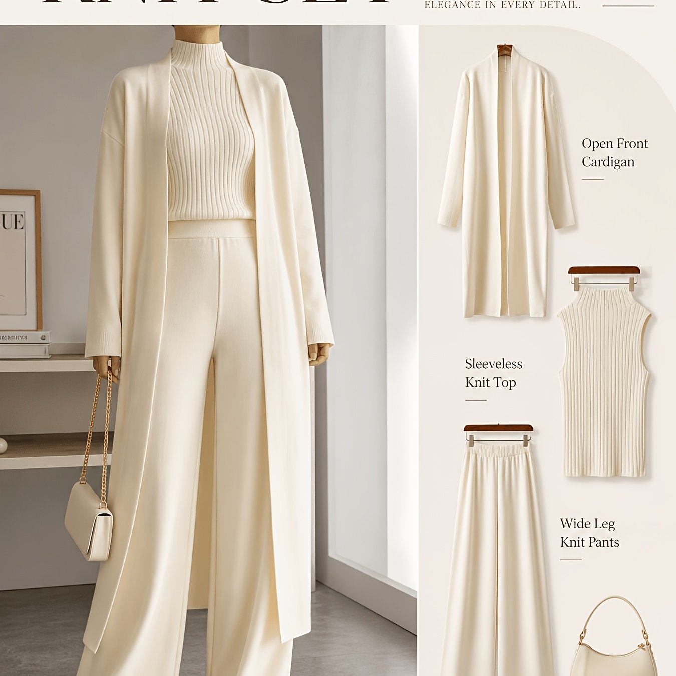 Image of Women's 3pcs Outfit Set, Long Open Front Cardigan, Sleeveless High Neck Tank Top And Wide Leg Pants, Elegant Casual Sweater Suit