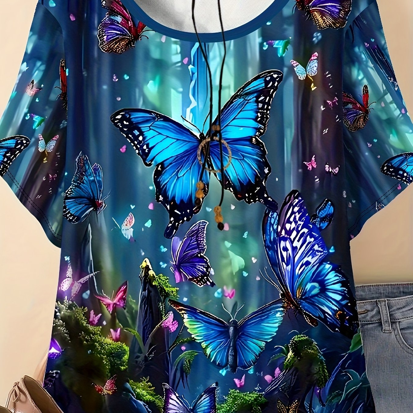 TEMU Plus Size, Comfortable Casual Elegant Printed Plus Size Women's Round Neck Short Sleeve T-shirt