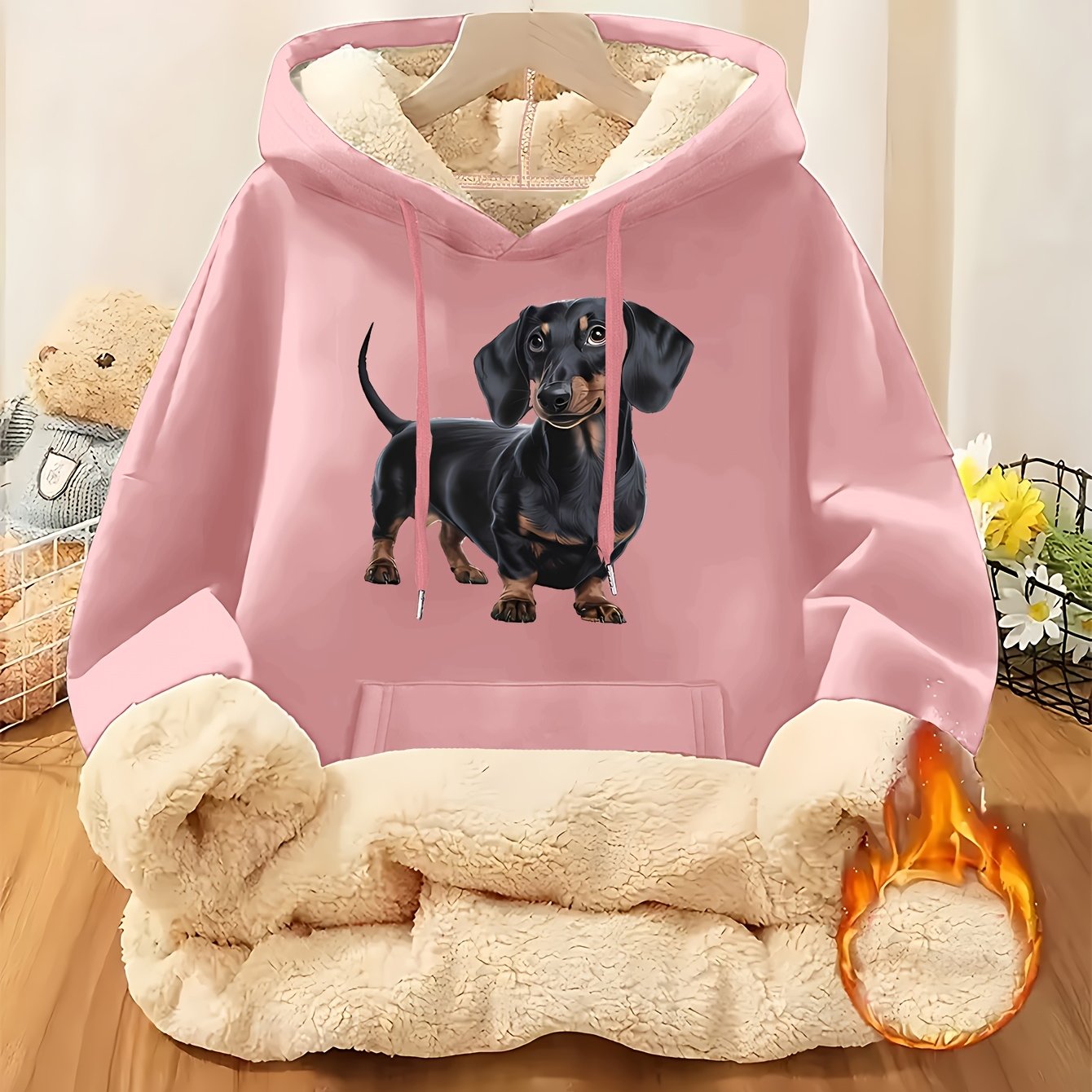 TEMU New Autumn-winter Dog Print Thick Hooded Sweatshirt For Women, Suitable For Spring, Autumn, And Winter At 16-, Versatile Retro Casual Drawstring