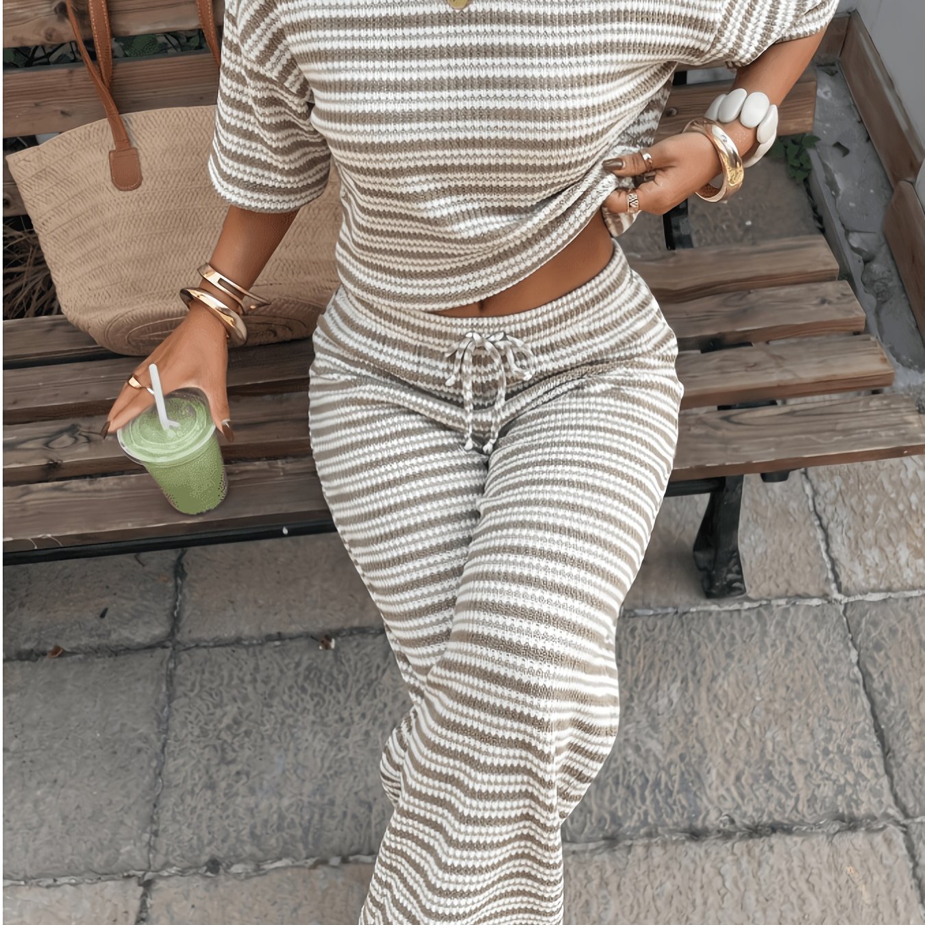 TEMU Women's Summer Casual Vacation And White Striped Pineapple Texture Loose Short Sleeve T-shirt And Pants Set, Elegant Fashion Y2k Style