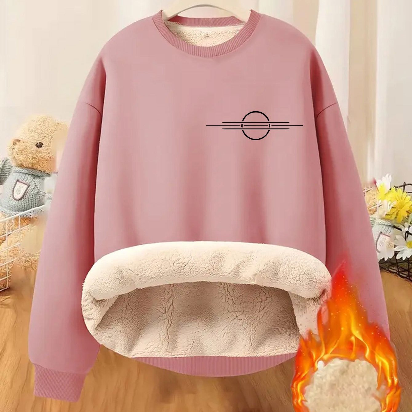 TEMU Women's Fleece-lined Round Neck Sweatshirt - Thick And Warm Pullover For Winter, Featuring Artistic Fashion Lines And Circle Pattern Prints,