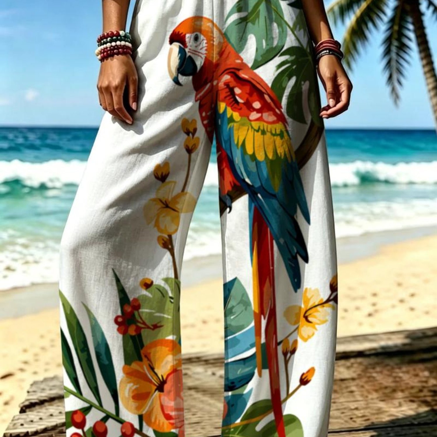TEMU Pantalon Femme Tendance Imprimé Perroquet Tropical, Couleurs Assorties, Multiples Spécifications Disponibles, Vêtement Décontracté , Design